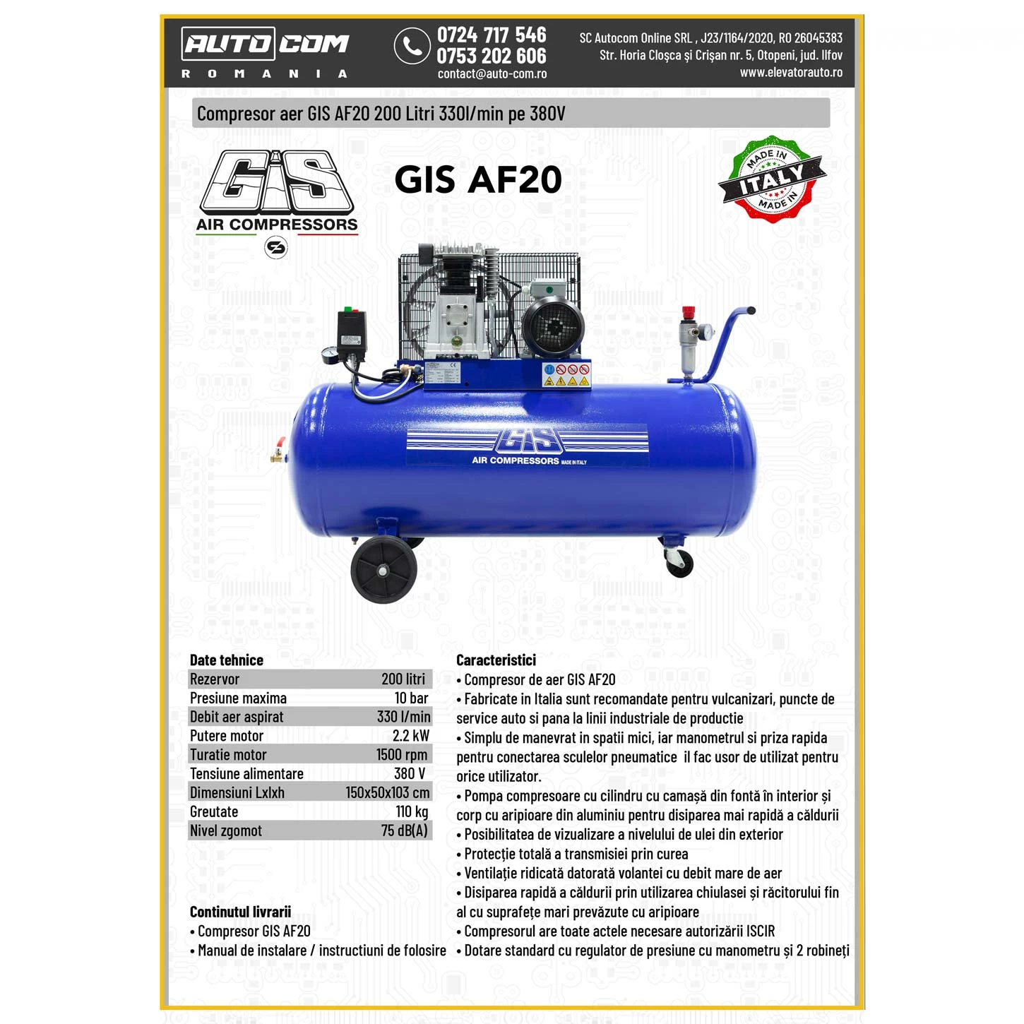 Compresor aer GIS 200 litri - 380v - 500 l/min (cod: AF023)