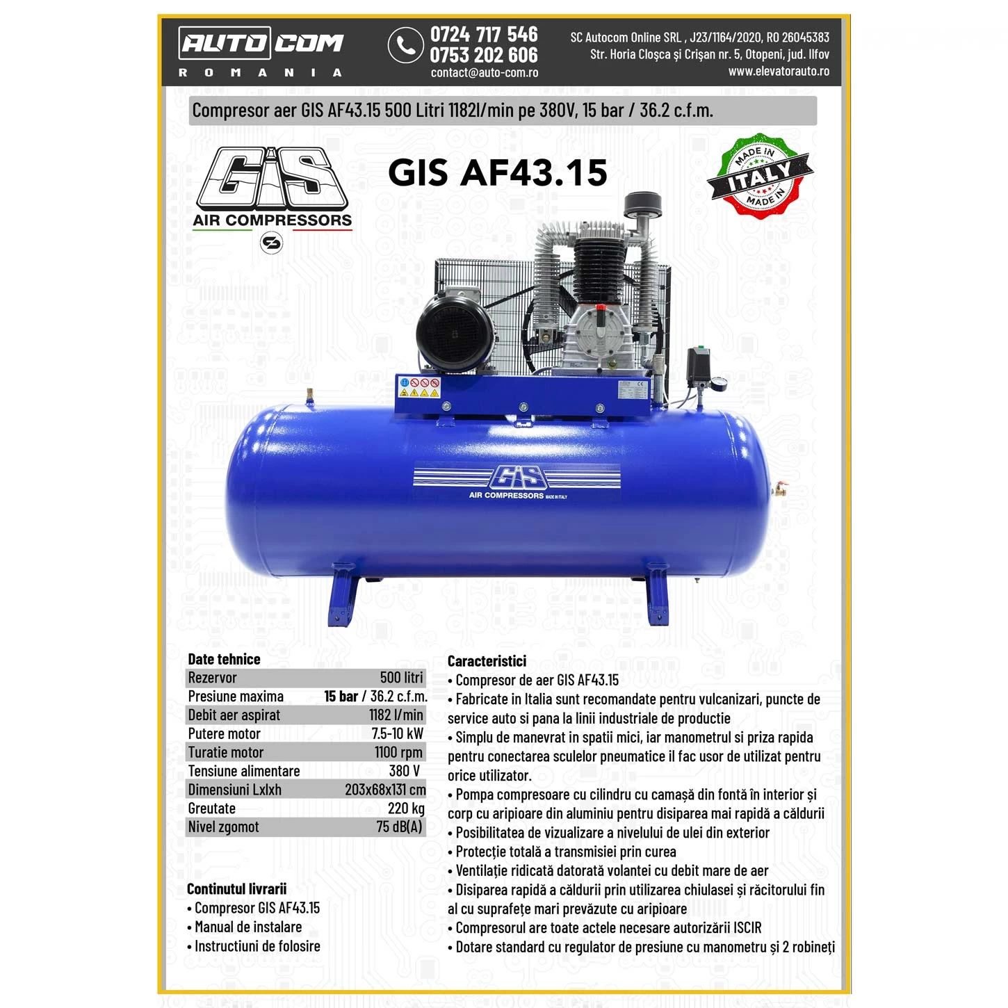 COMPRESOR AER GIS 500 LITRI 380V - 1182 L/MIN - (MOD: AF043.15)