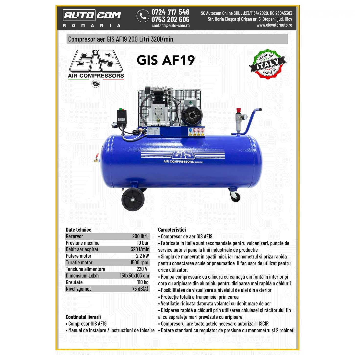 Compresor aer GIS 200 litri 220V - 320l/min - (cod: AF019)