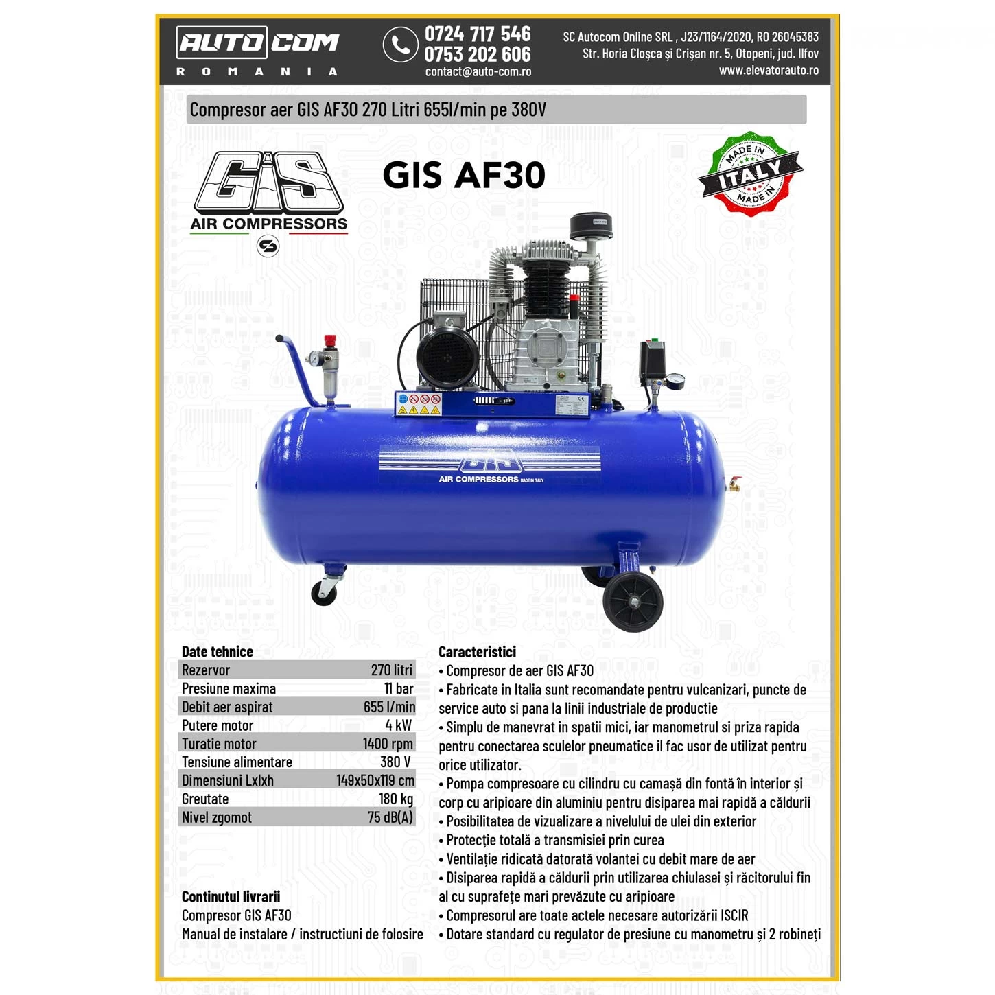 Compresor aer GIS 270 litri 380V - 655 l/min - (Mod: AF030)