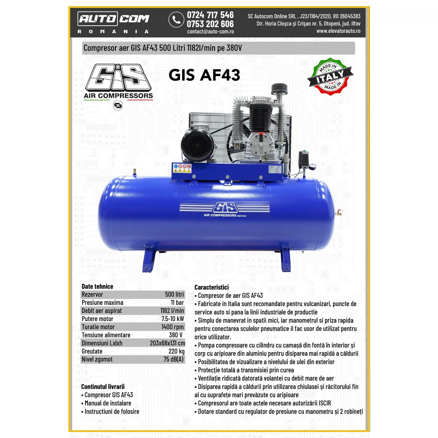 COMPRESOR AER GIS 500 LITRI 380V - 1182 L/MIN - (MOD: AF043)